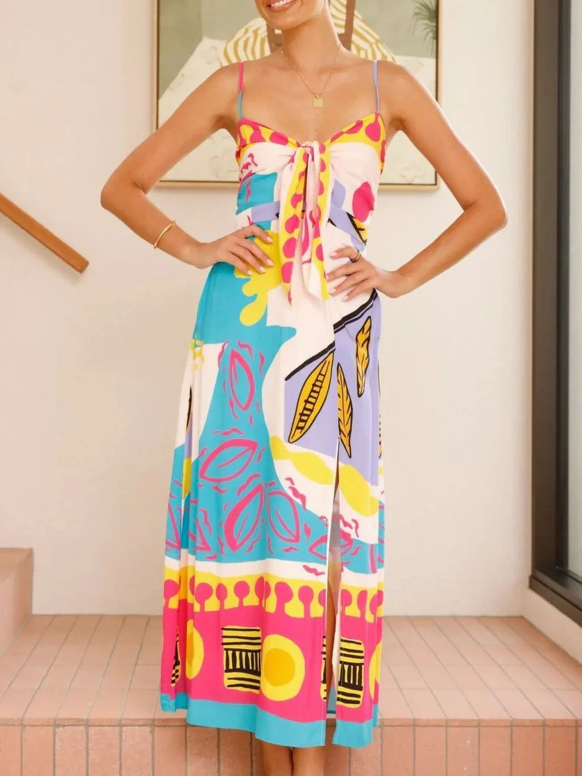 Tied-Front Slit Maxi Cami Dress