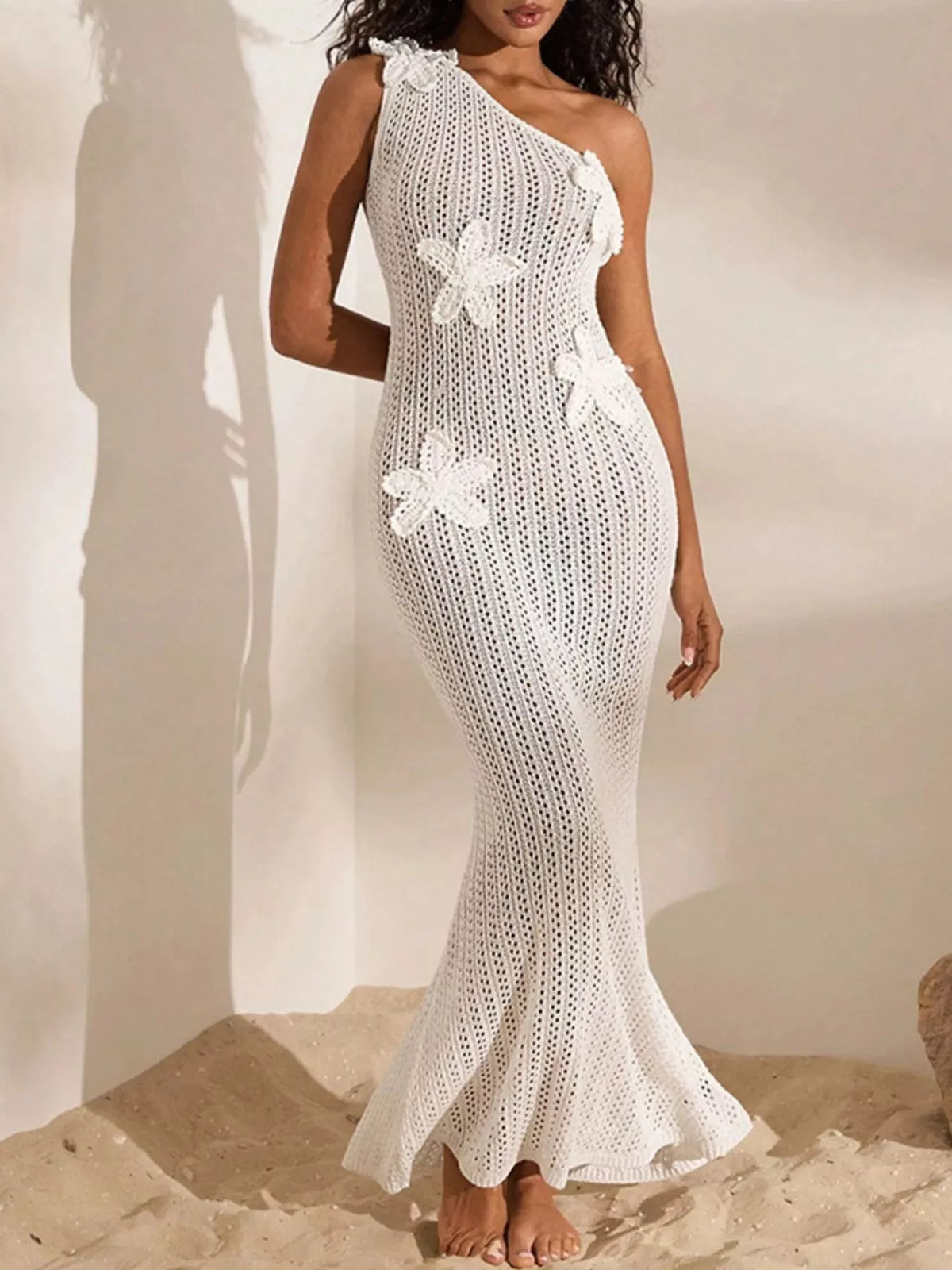 One-Shoulder Crochet Maxi Dress in White by D&J Apparel