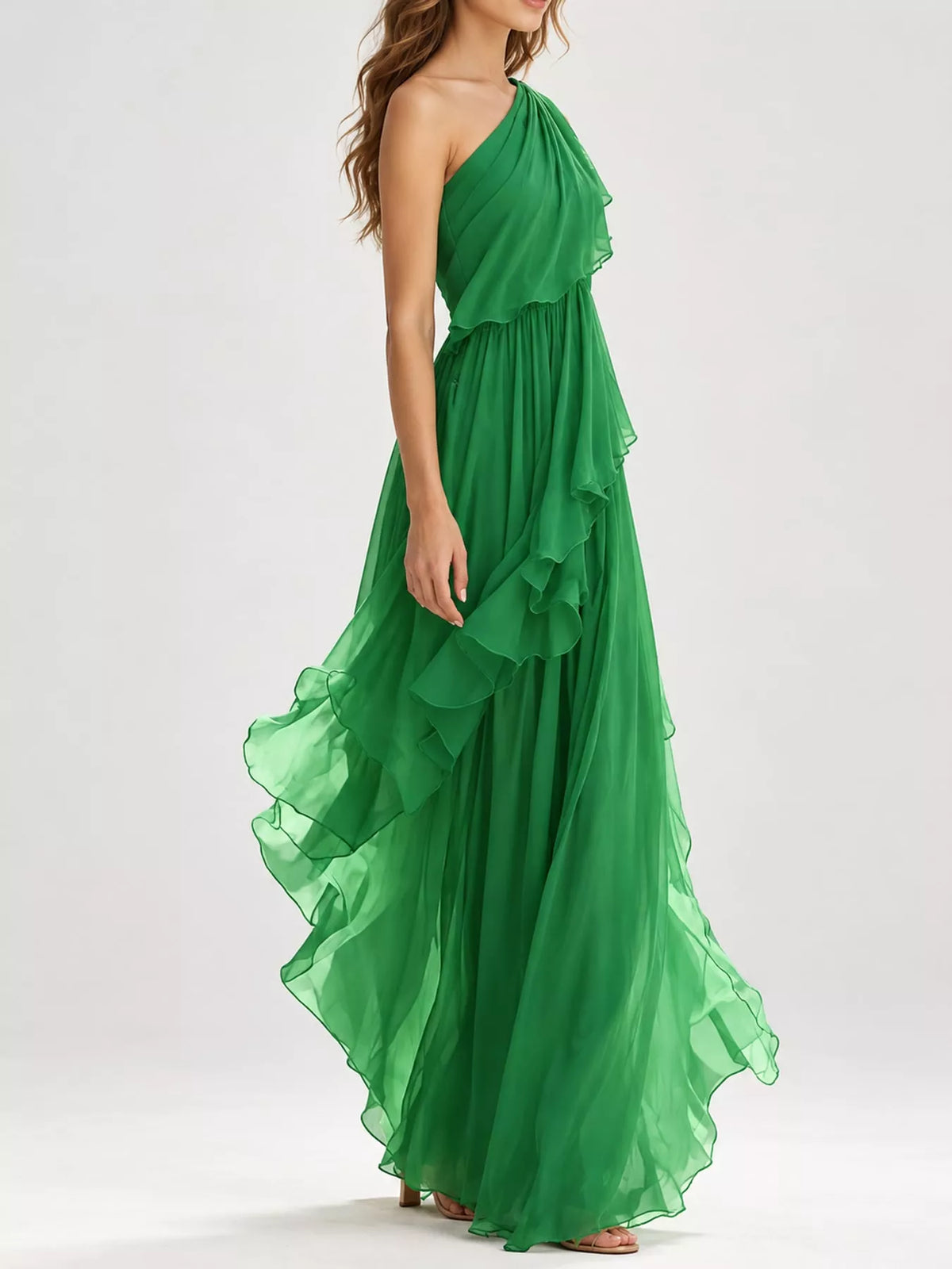One-Shoulder Ruffled Chiffon Maxi Dress