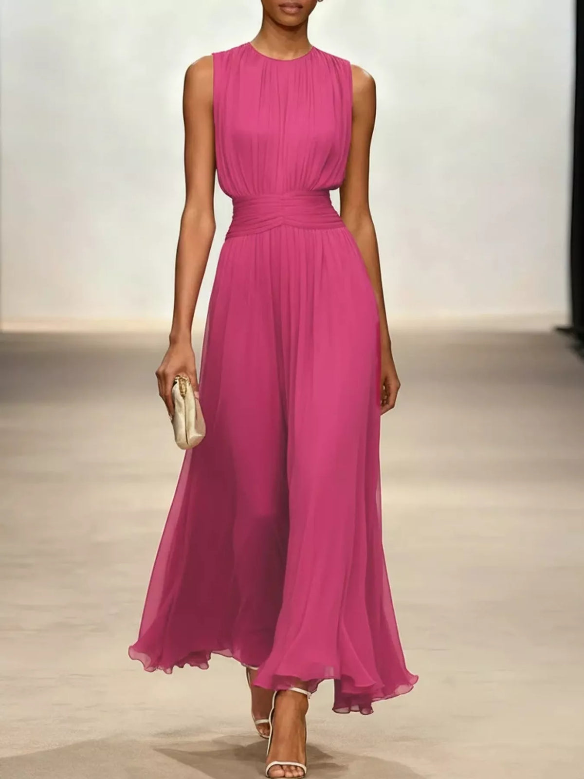 Sleeveless Ruched Chiffon Maxi Dress