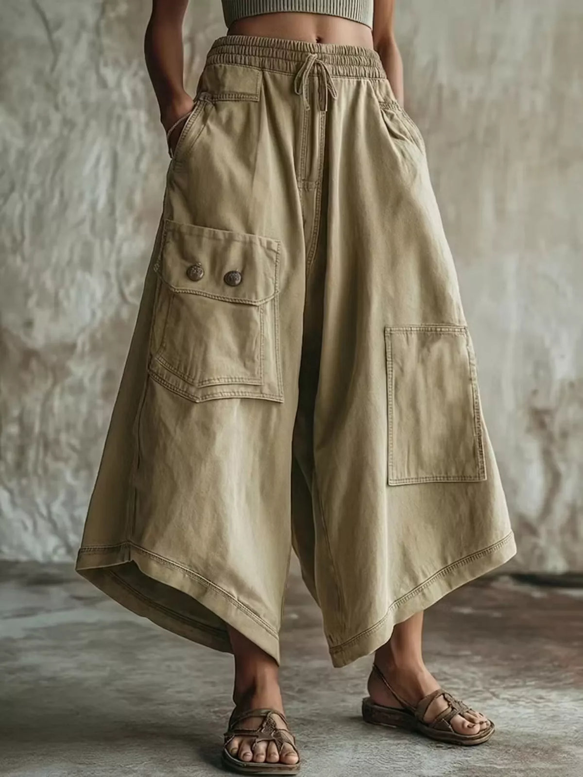 High-Waisted Wide-Leg Cropped Cargo Pants