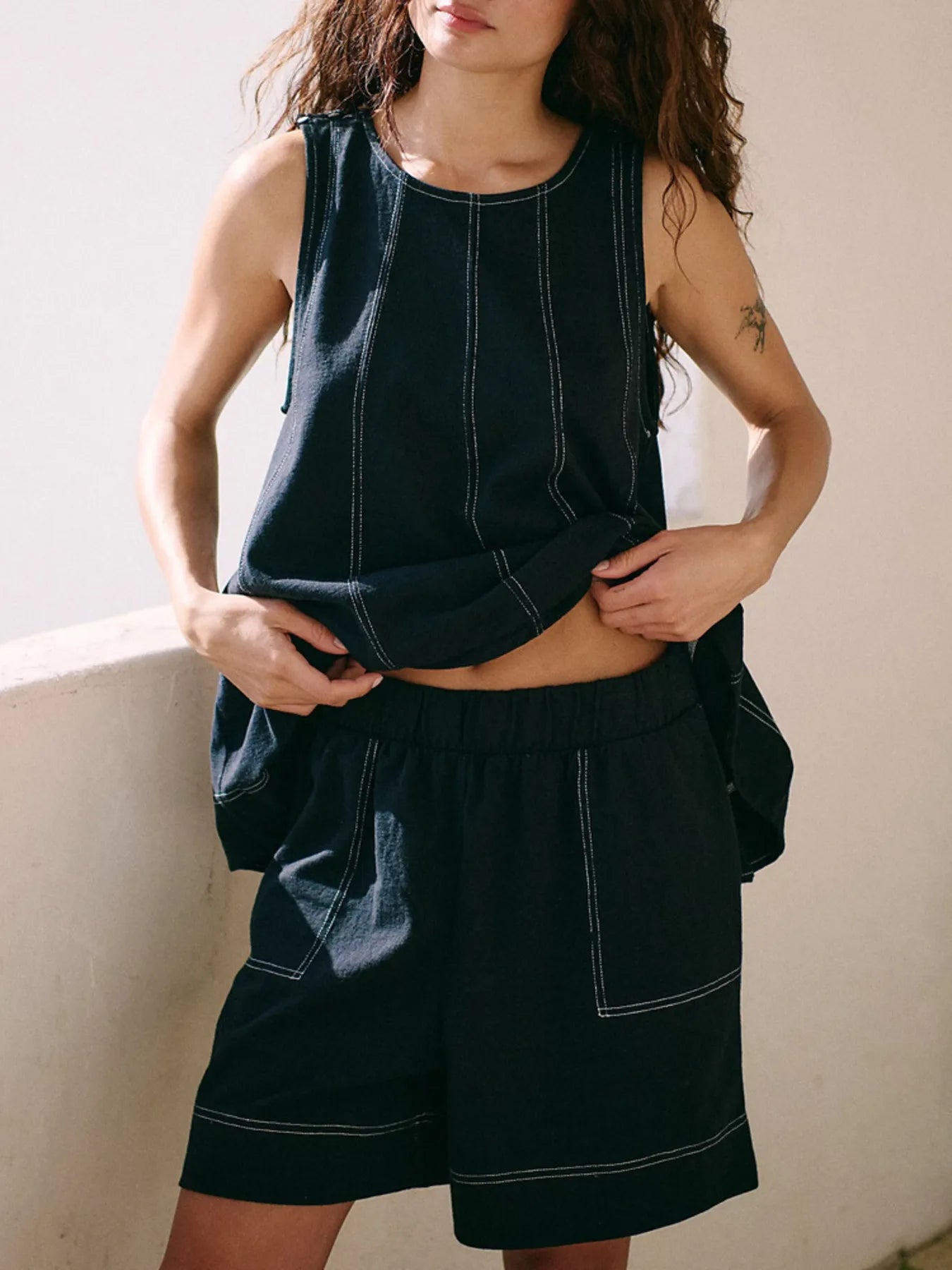 Contrast Stitch Denim Tank and Shorts Set