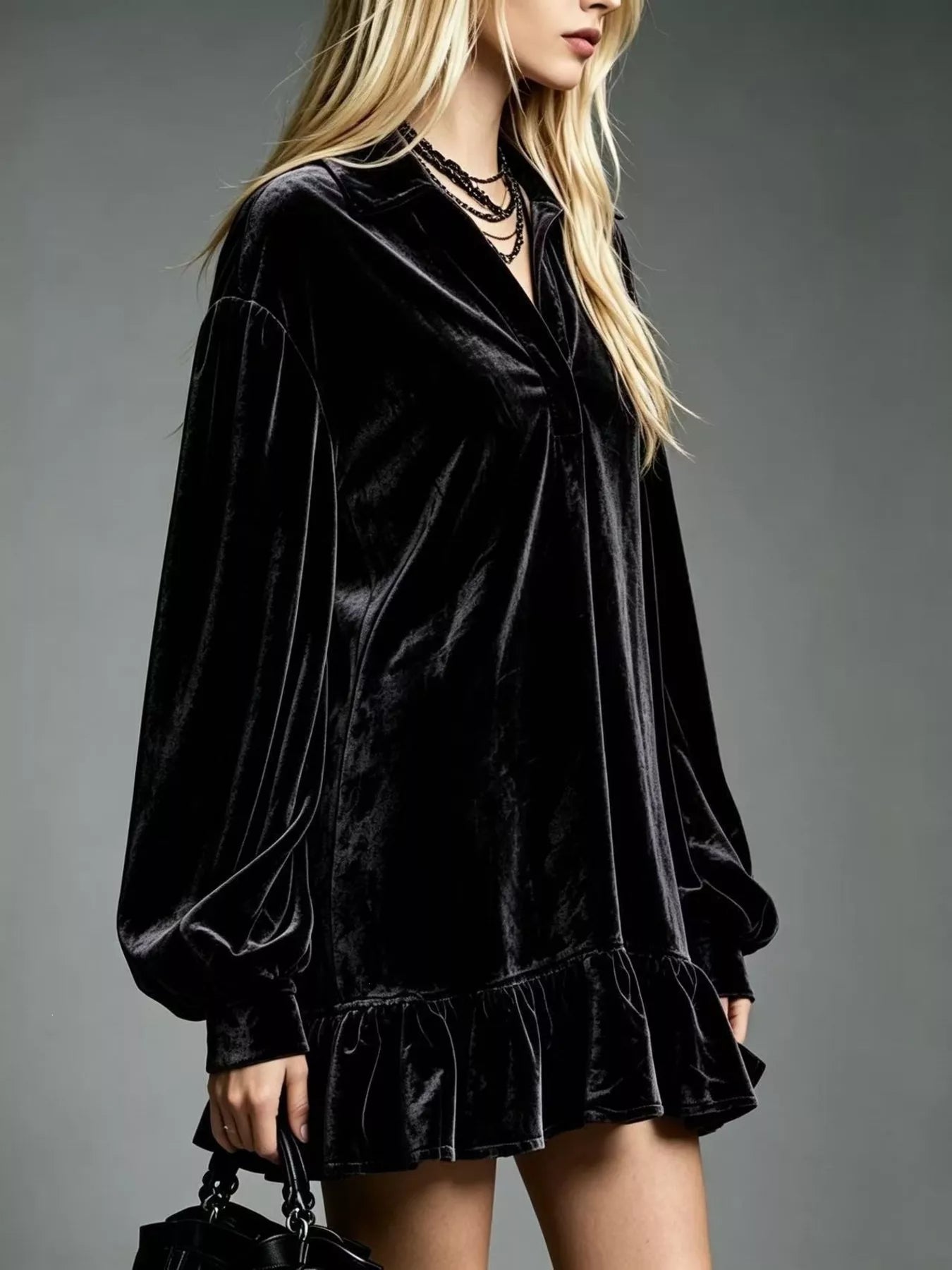 Velvet Ruffled-Hem Long Sleeve Dress