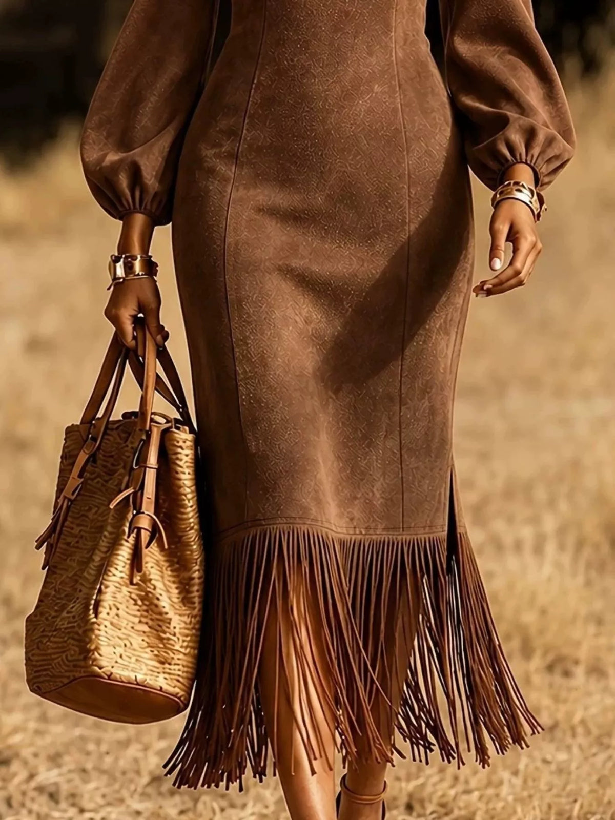 Fringe Round Neck Balloon Sleeve Dress