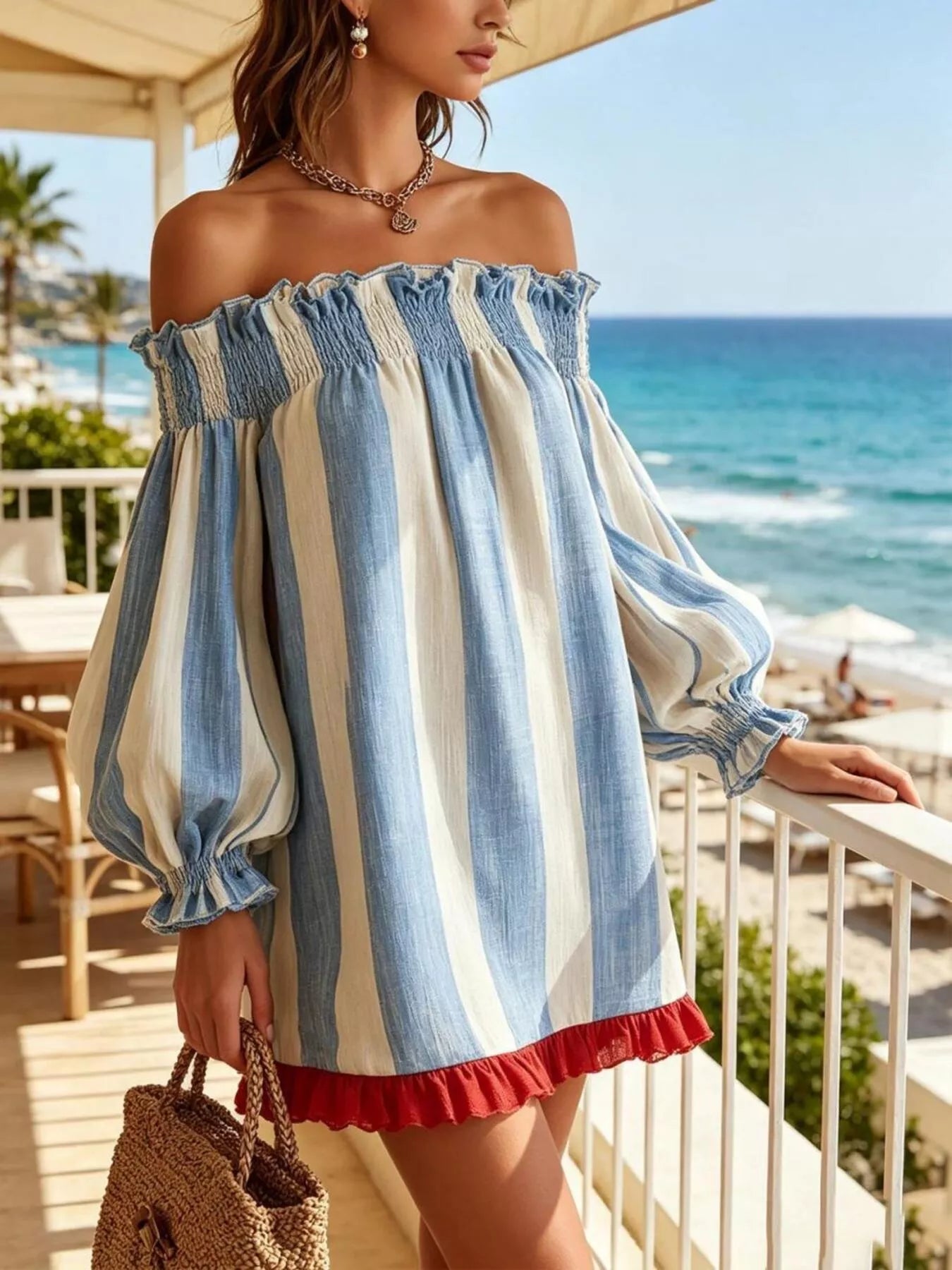 Striped Off-Shoulder Ruffle-Hem Mini Dress in Sky Blue