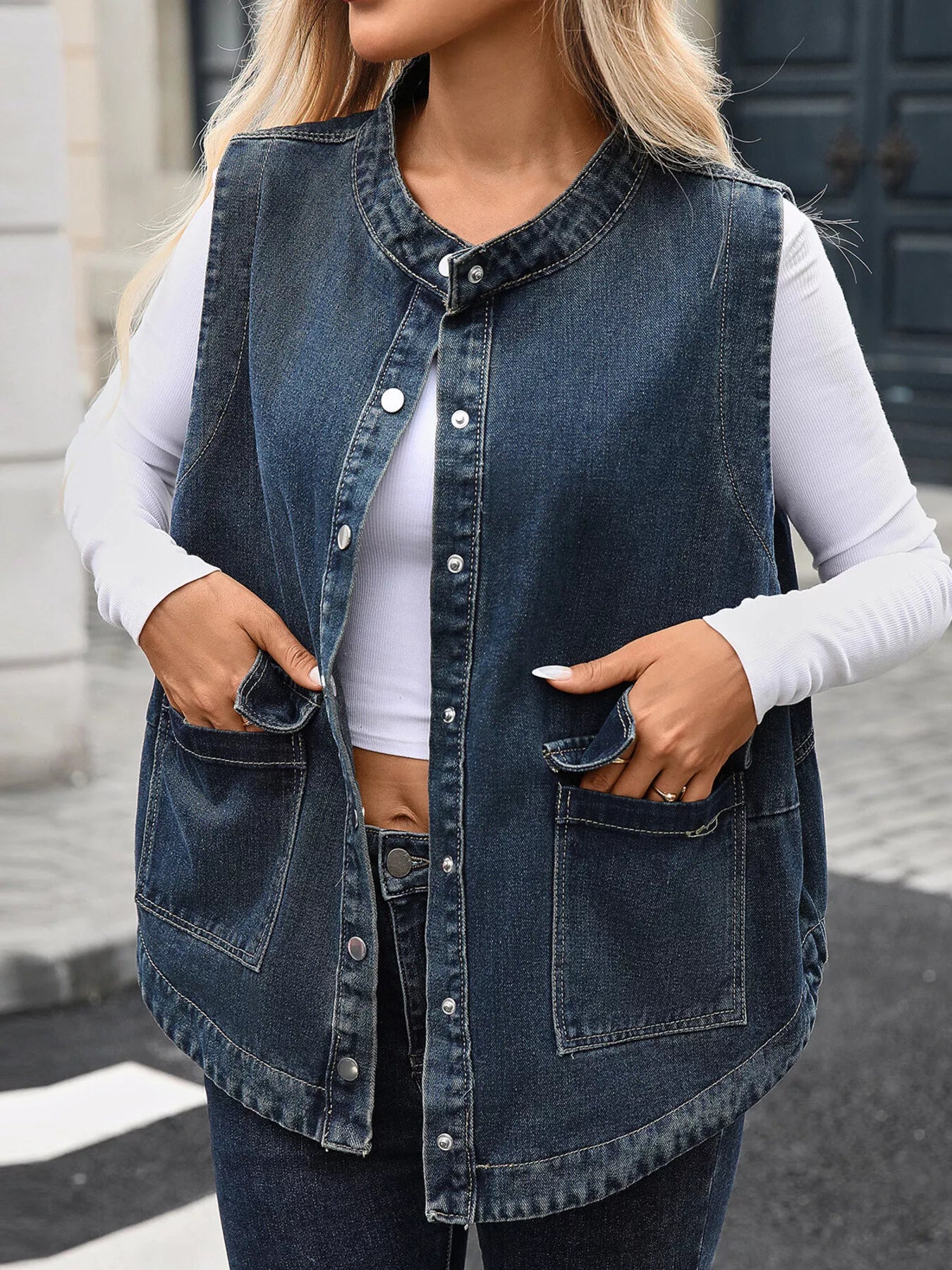 Snap-Down Sleeveless Denim Jacket by Moni Wear