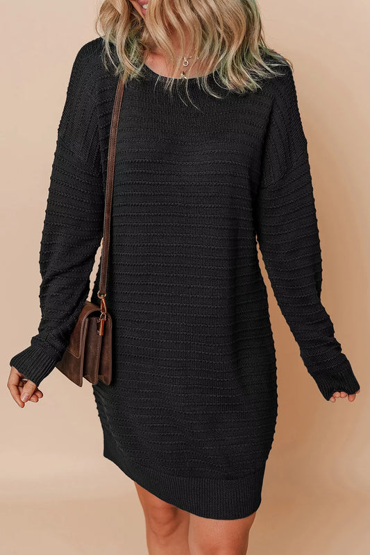 Raised Rib Knit Dolman Sleeve Sweater Dress in Black