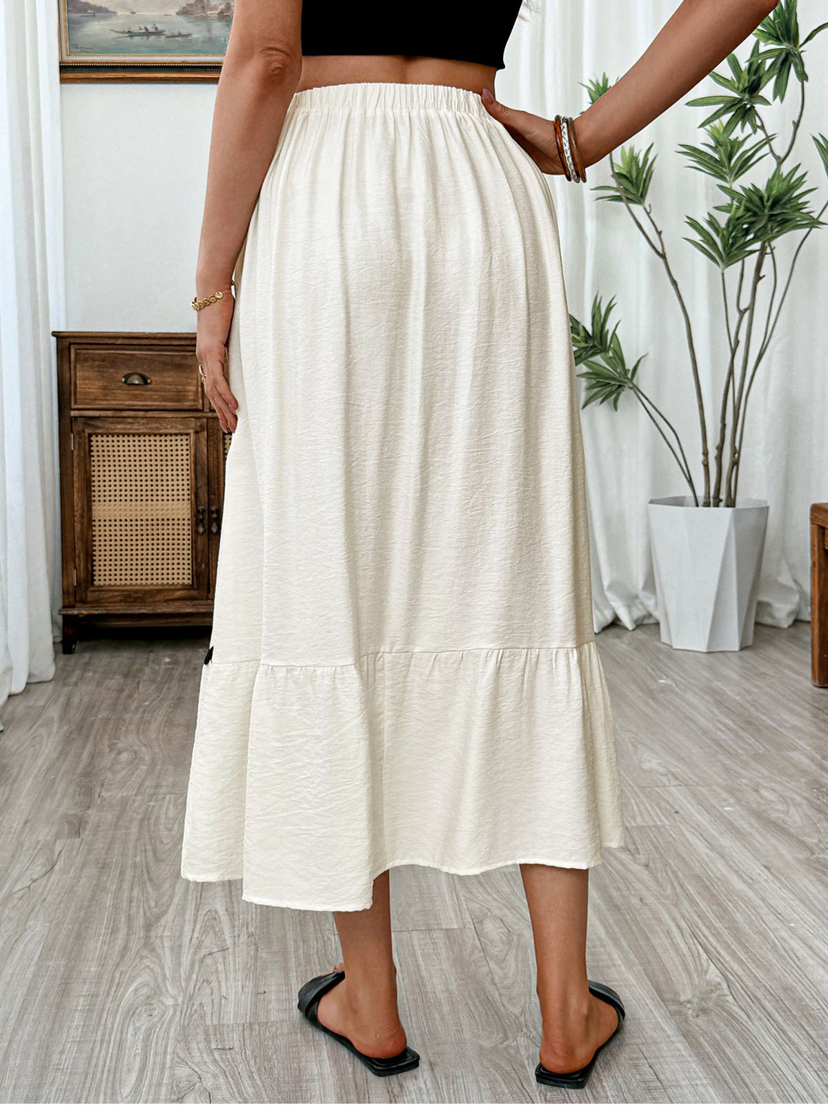 Tiered Flowy Midi Skirt in Beige