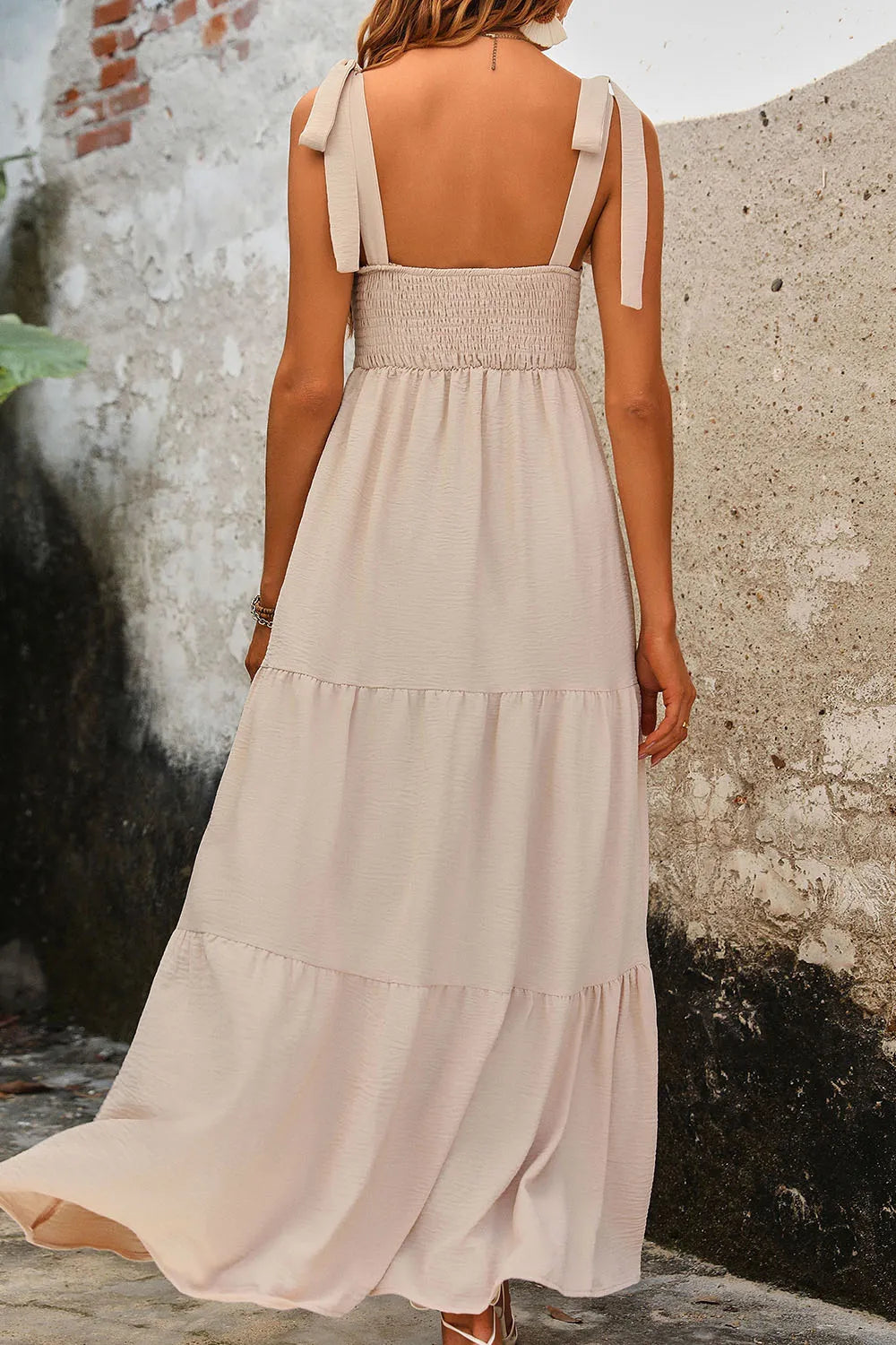 Tie-Shoulder Smocked Tiered Dress in Tan