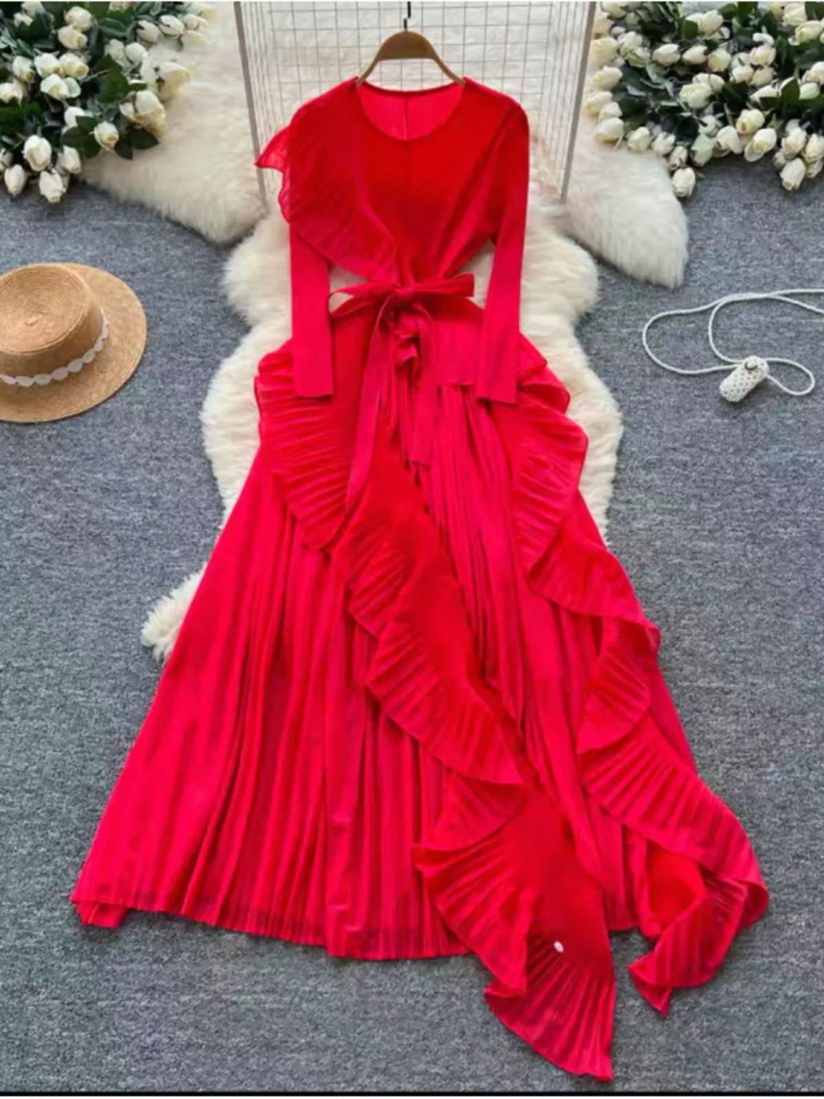 Ruffle-Trim Pleated Midi Dress