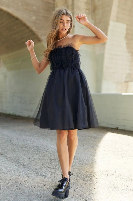 Mesh Ruffle Tube Top Swing Dress in Black by J.NNA