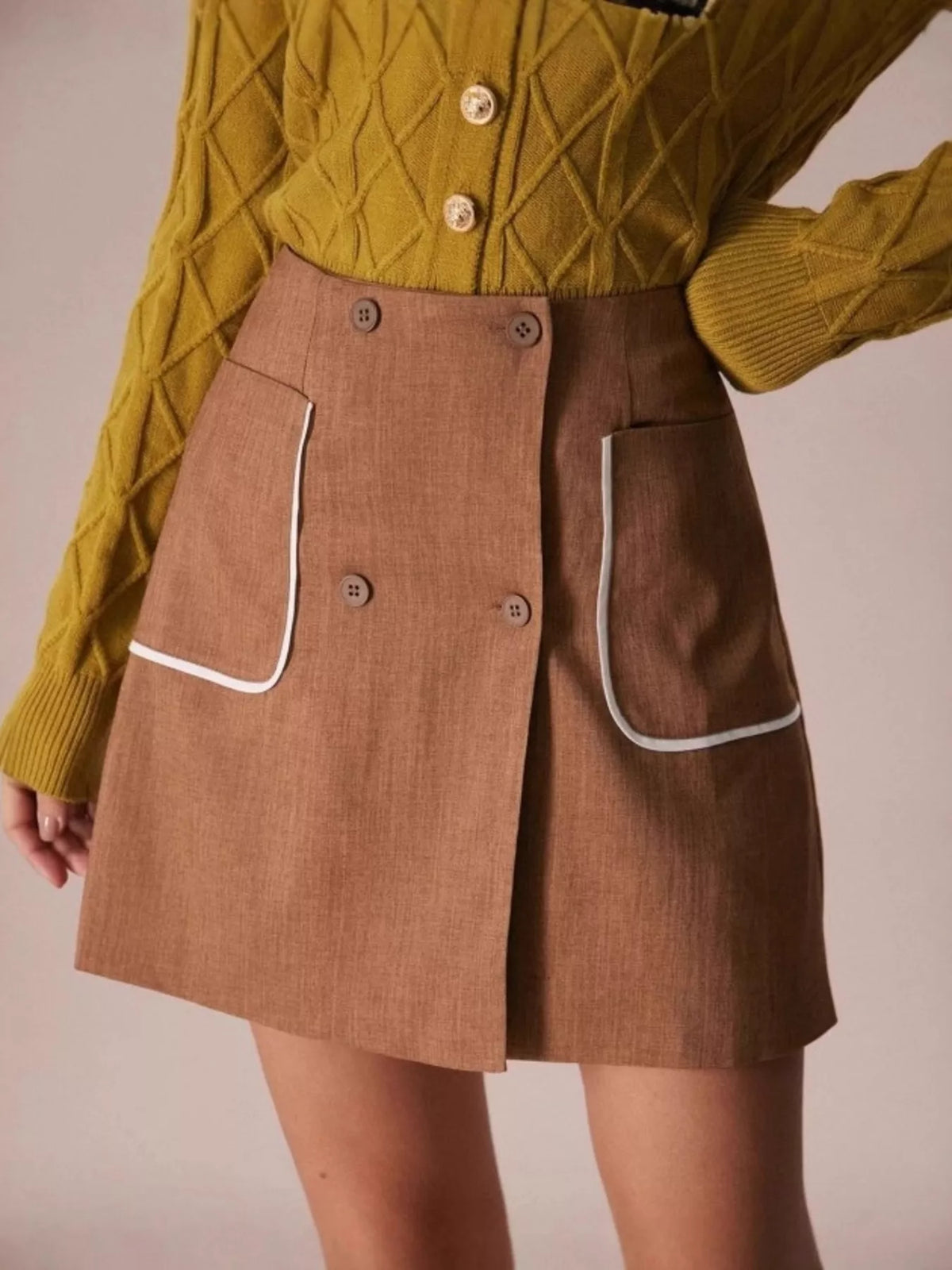Button-Front Mini Skirt in Caramel