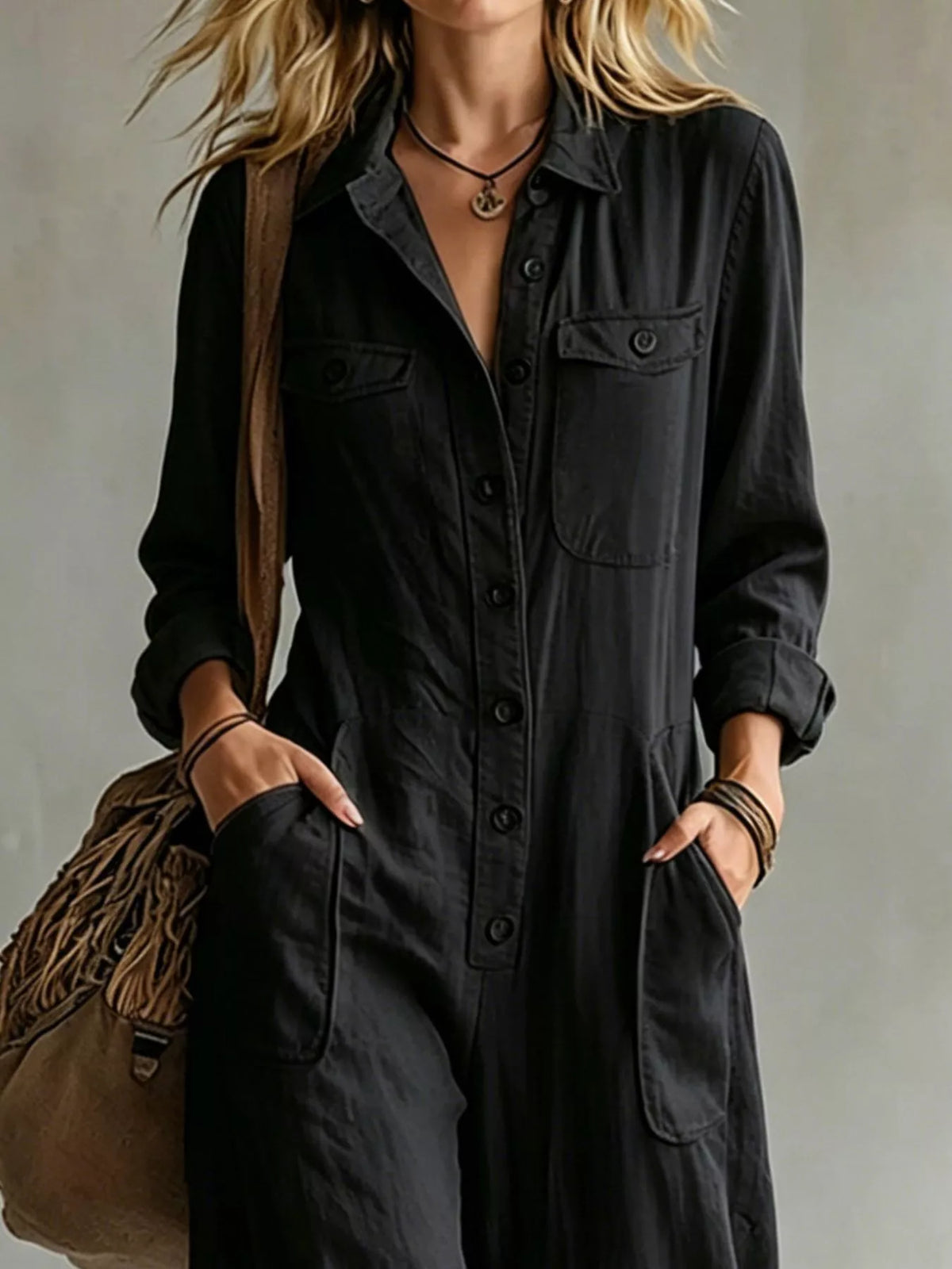 Long Sleeve Button Front Jumpsuit