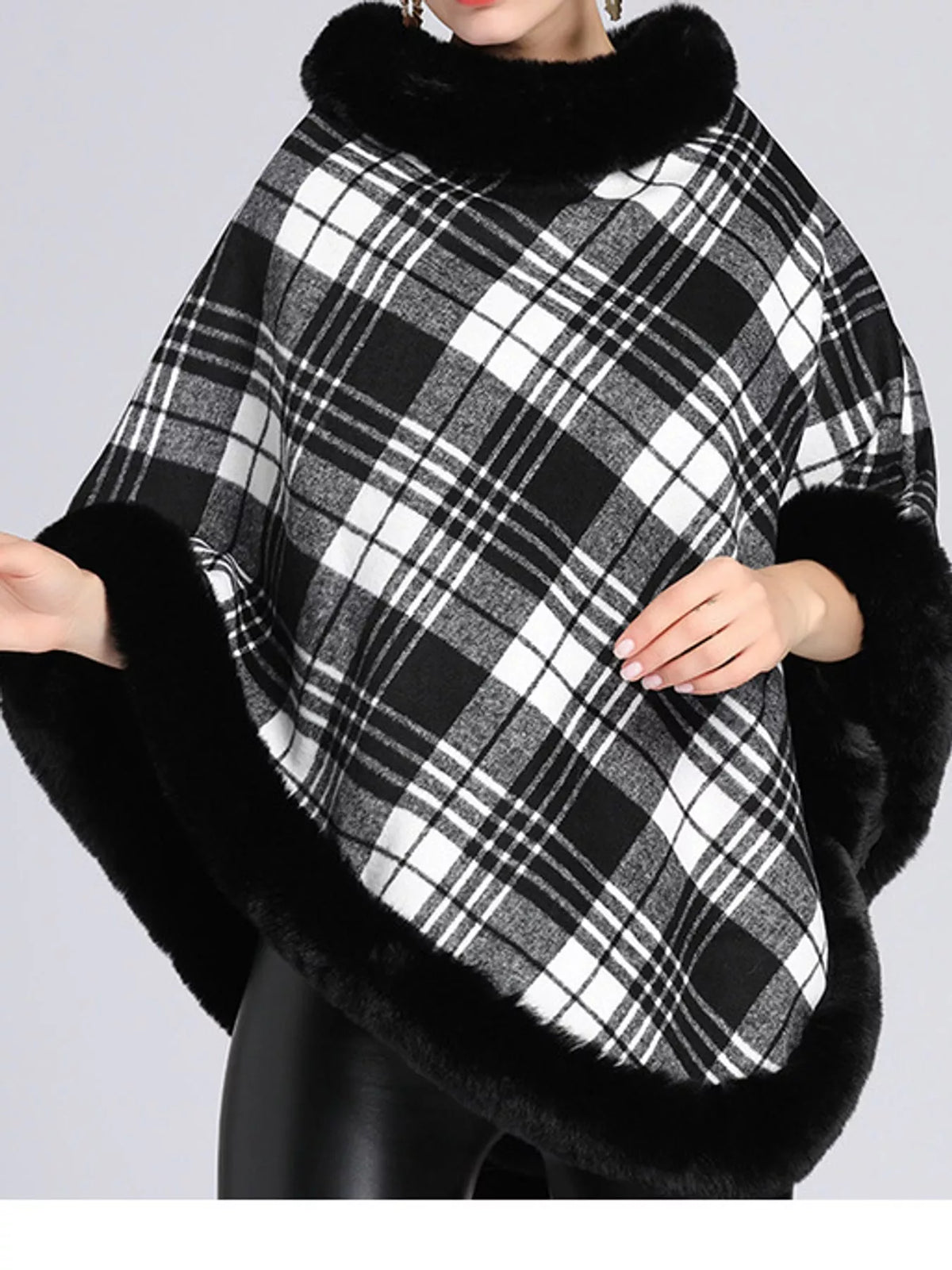 Plaid Faux Fur Trim Poncho Cape