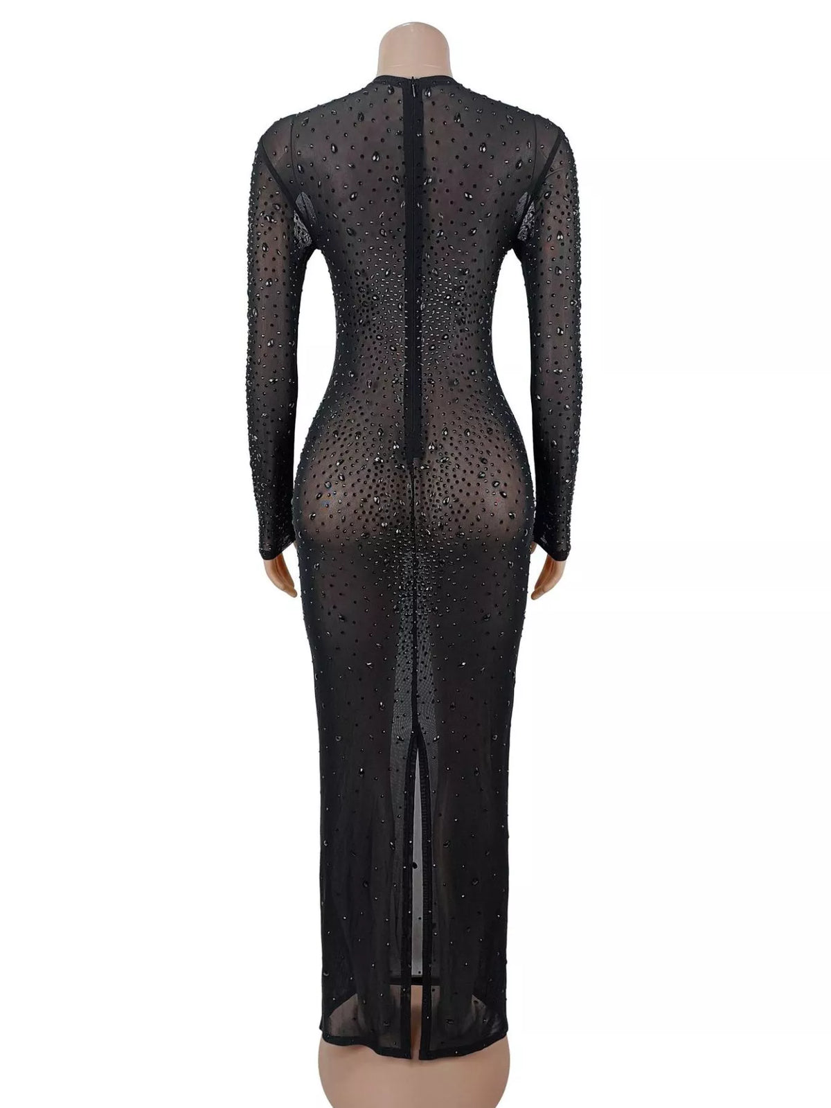 Sheer Mesh Rhinestone Evening Dress in Black