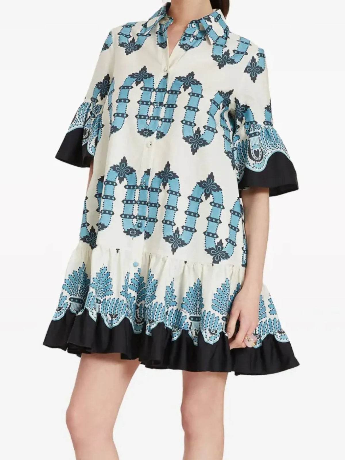 Buttoned Floral Ruffle-Sleeve Mini Dress by Rosaline