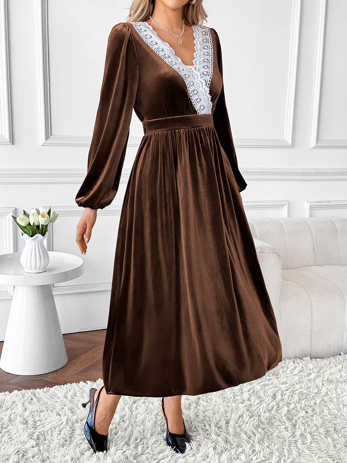 A-Line Velvet Dress with Lace Trim in Brown