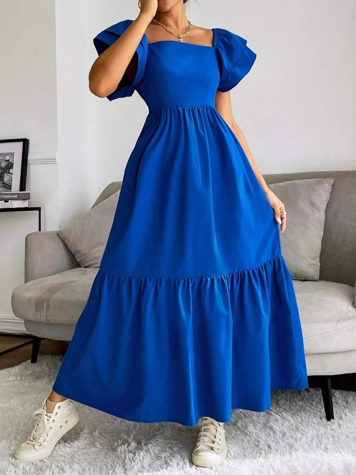 Tiered Ruffle Square-Neck Maxi Dress