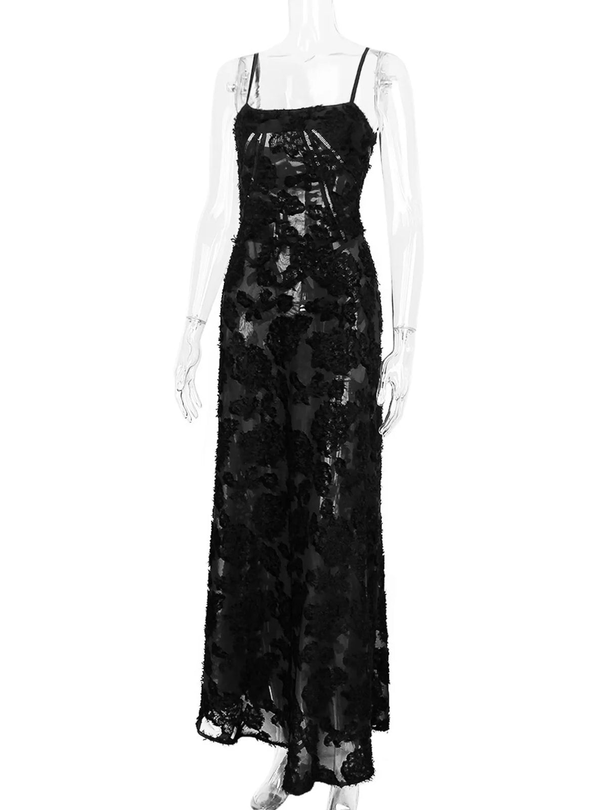 Lace-Up Spaghetti Strap Maxi Dress in Black by Elegant Elements