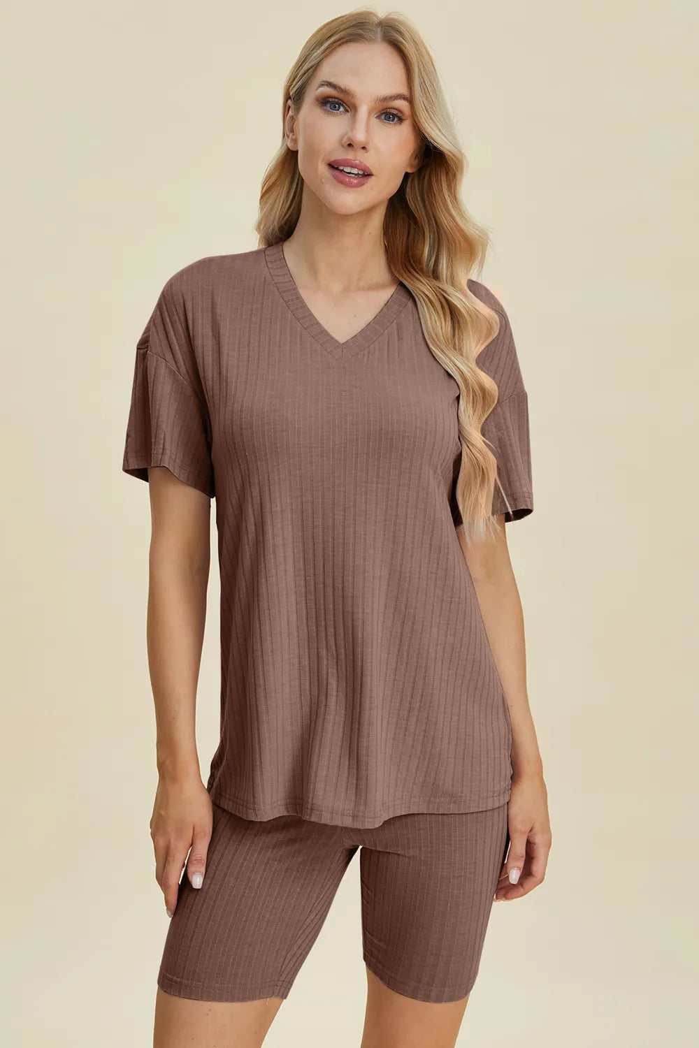 Basic Bae Ribbed V-Neck Top and Shorts Set