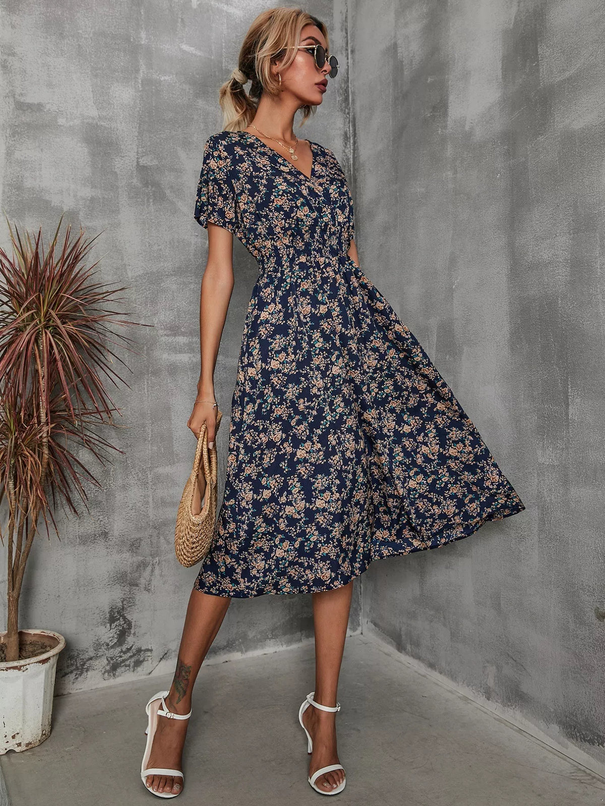 Smocked Printed Short-Sleeve Midi Dress