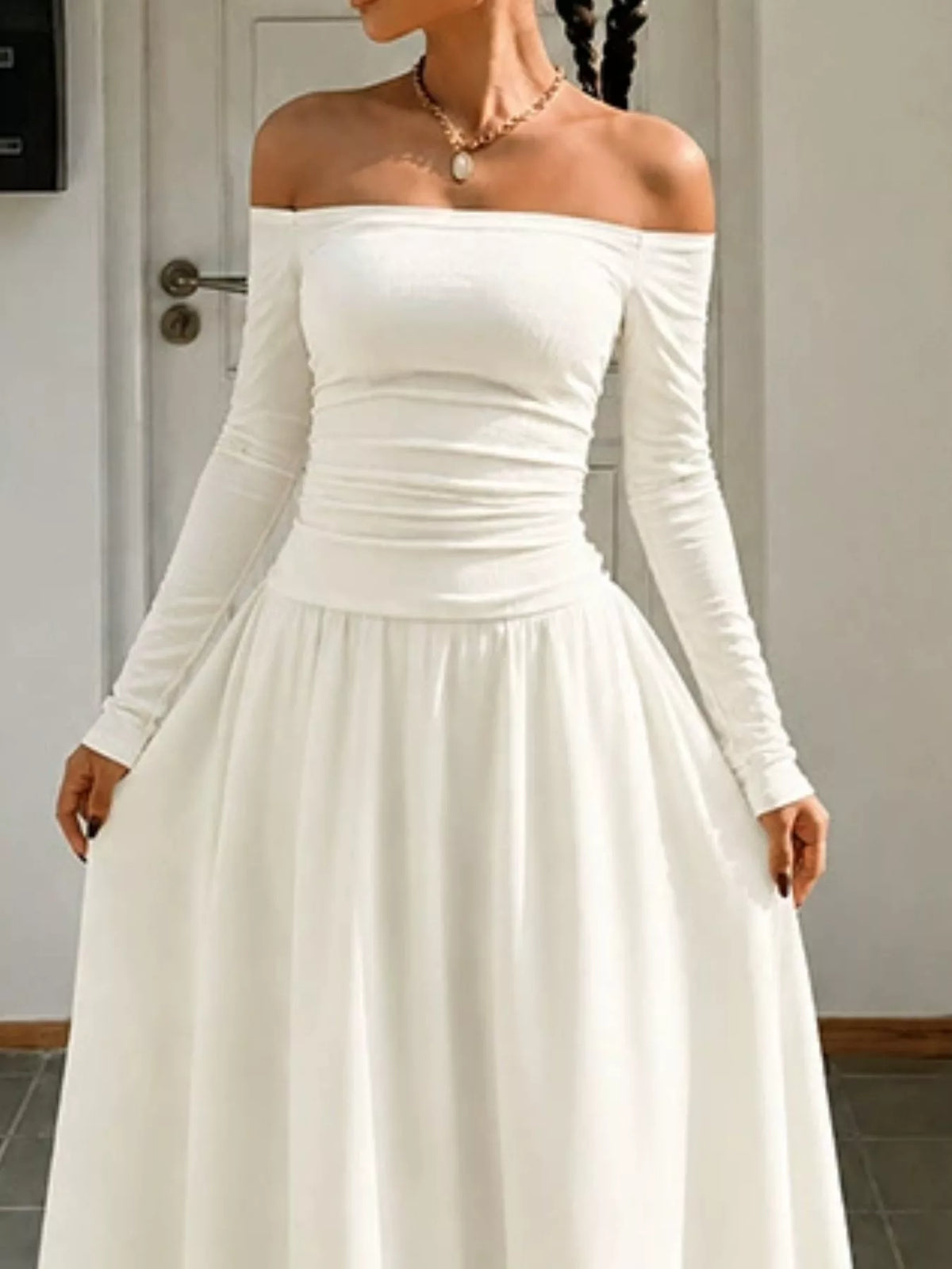 Off-the-Shoulder Ruched Maxi Dress