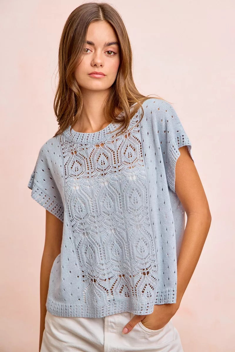 Washed Ice Blue Eyelet Knit Top by BiBi