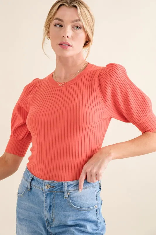 And The Why Puffed Half Sleeve Ribbed Bodysuit in Coral