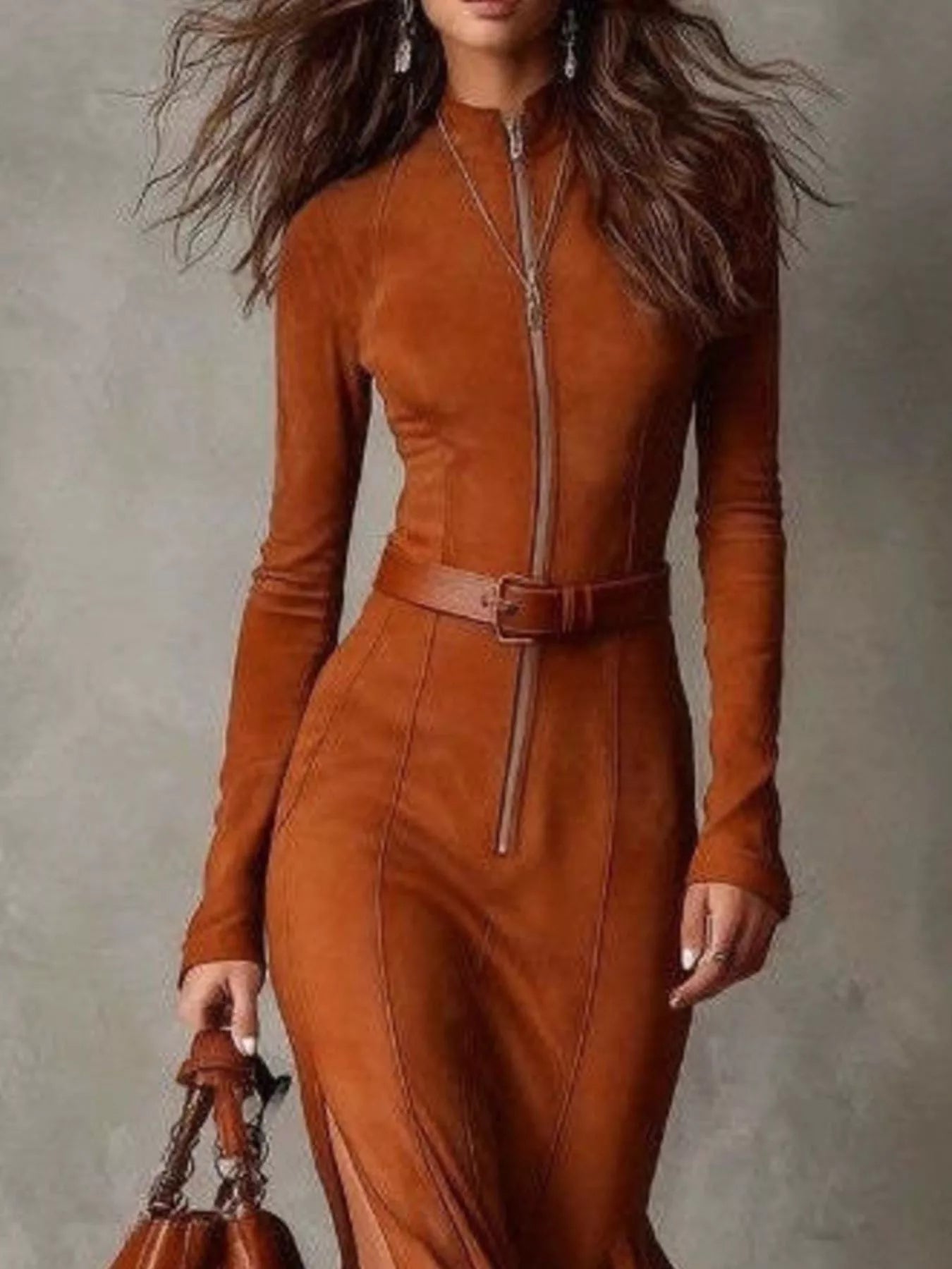 Belted Zip-Front Slit Maxi Dress