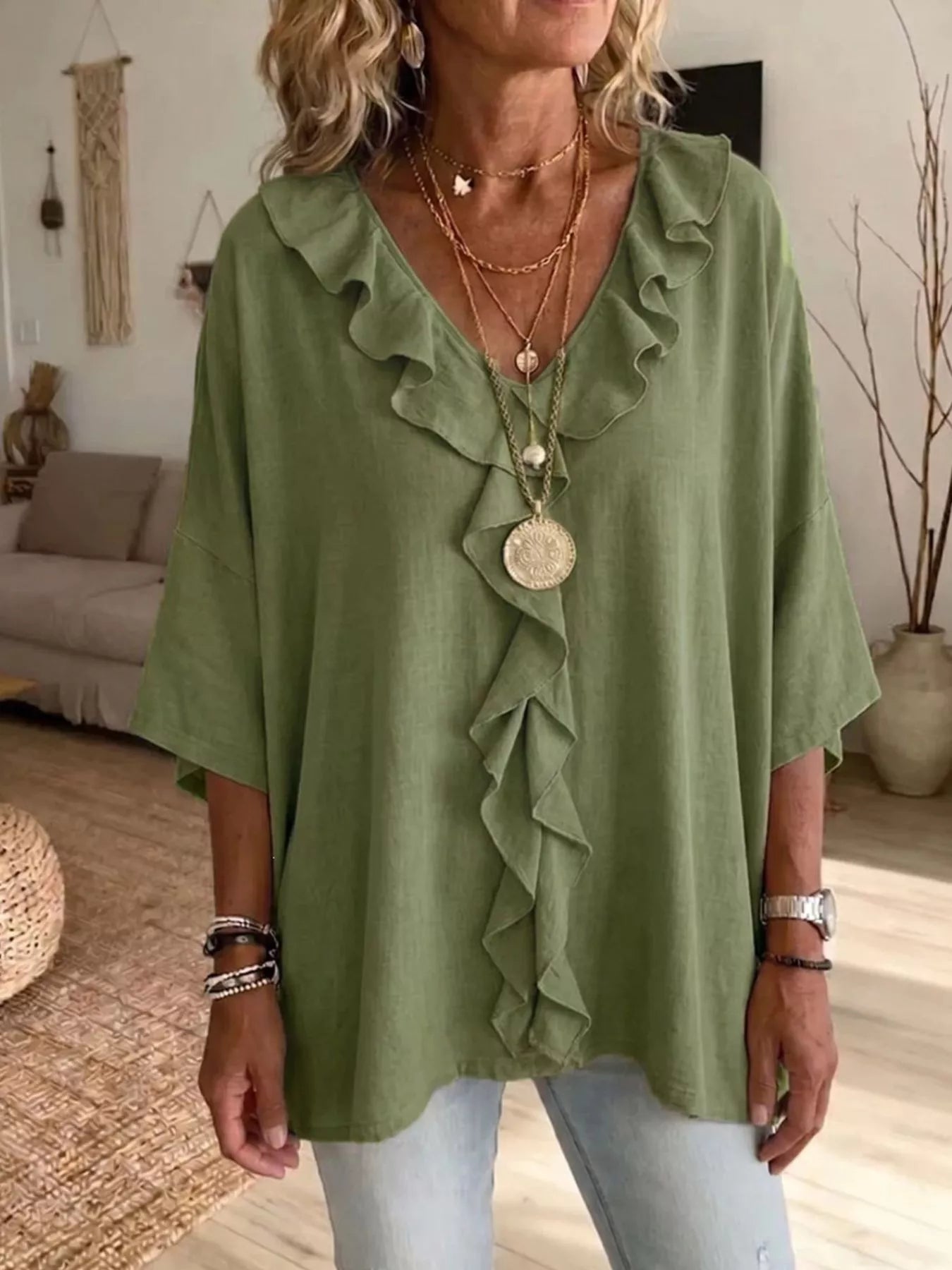 Ruffle V-Neck 3/4 Sleeve Blouse Plus Size