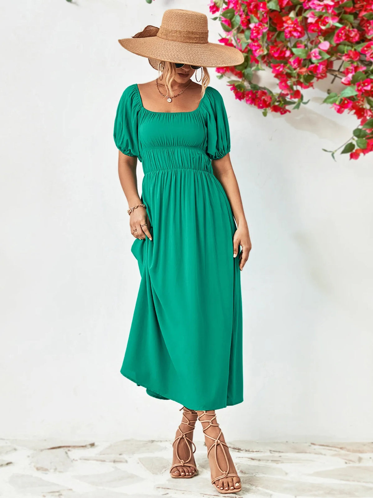 Off-Shoulder Puff-Sleeve Smocked Maxi Dress