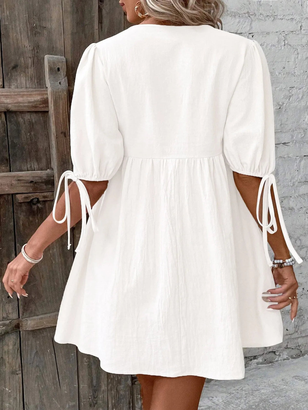 V-Neck Tie-Front Mini Dress with Puff Sleeves