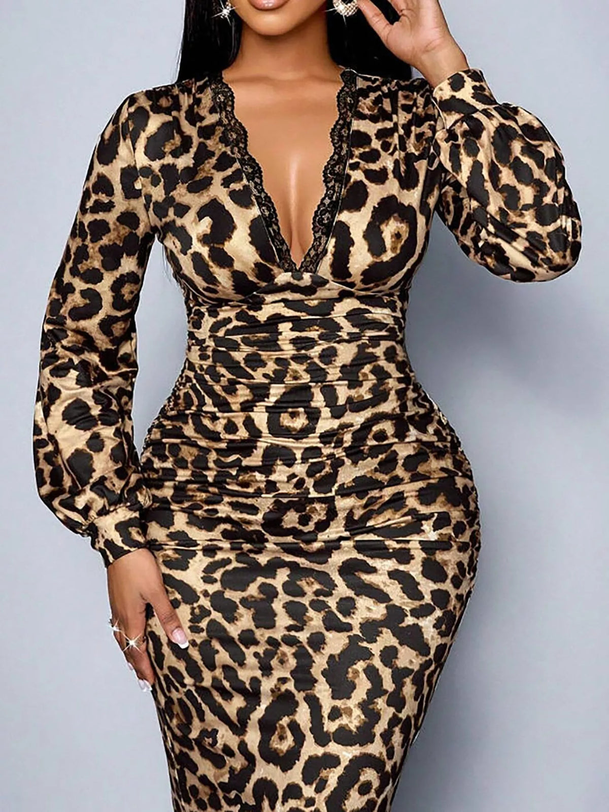 Lace-Detail Ruched Bodycon Midi Dress
