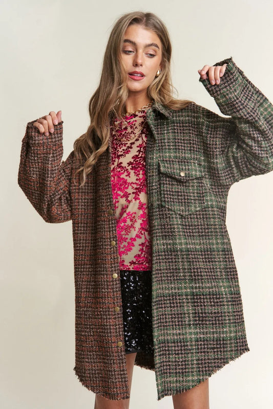 Tweed Plaid Longline Shacket in Misty Forest by J.NNA