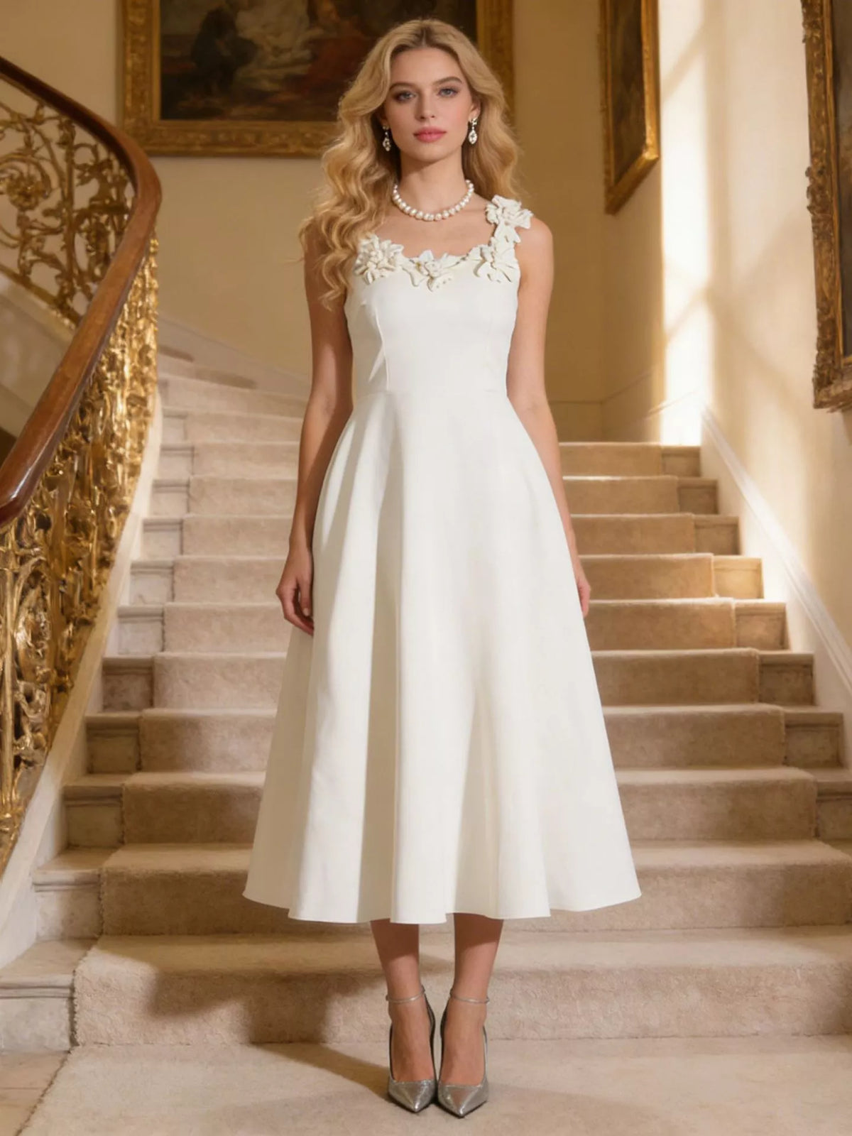 Floral Embellished Sleeveless Midi Dress in White