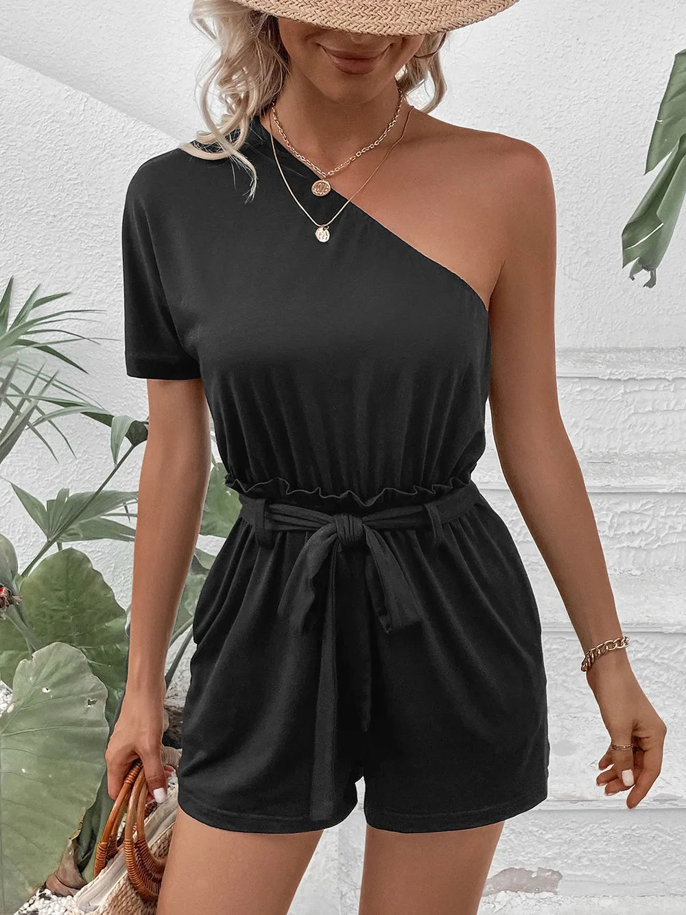 Single Shoulder Tie Waist Romper in Black