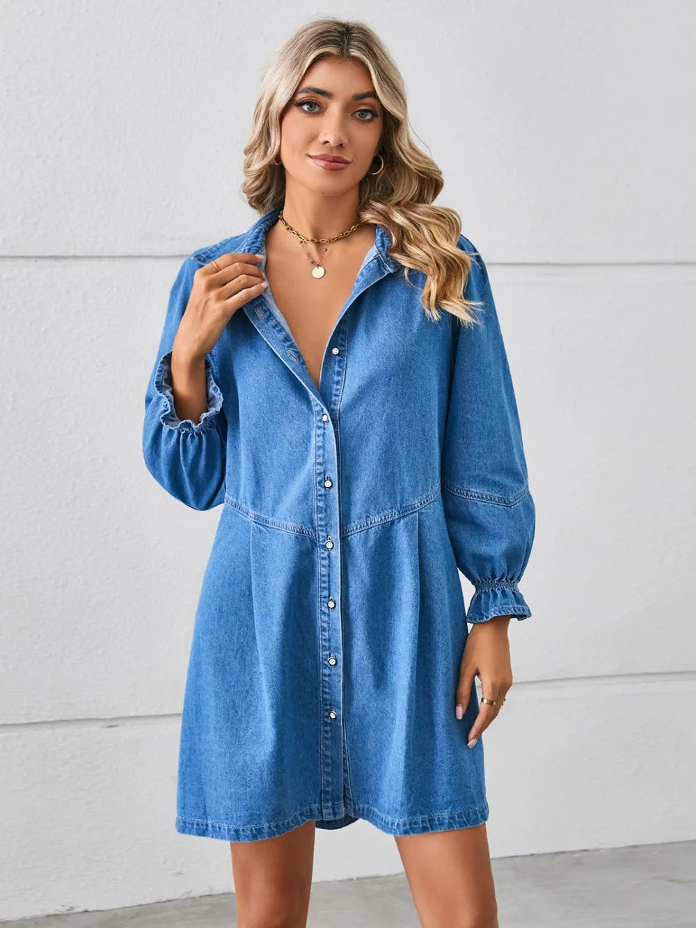 Button Up Flounce Sleeve Mini Denim Dress by Manny