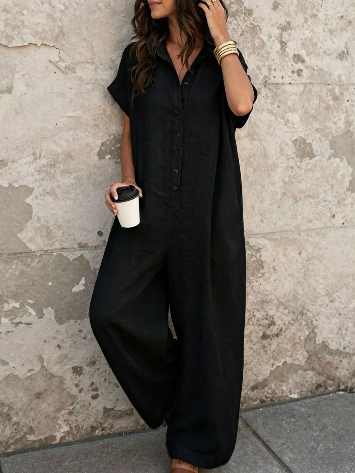 Classic Button-Front Short Sleeve Jumpsuit