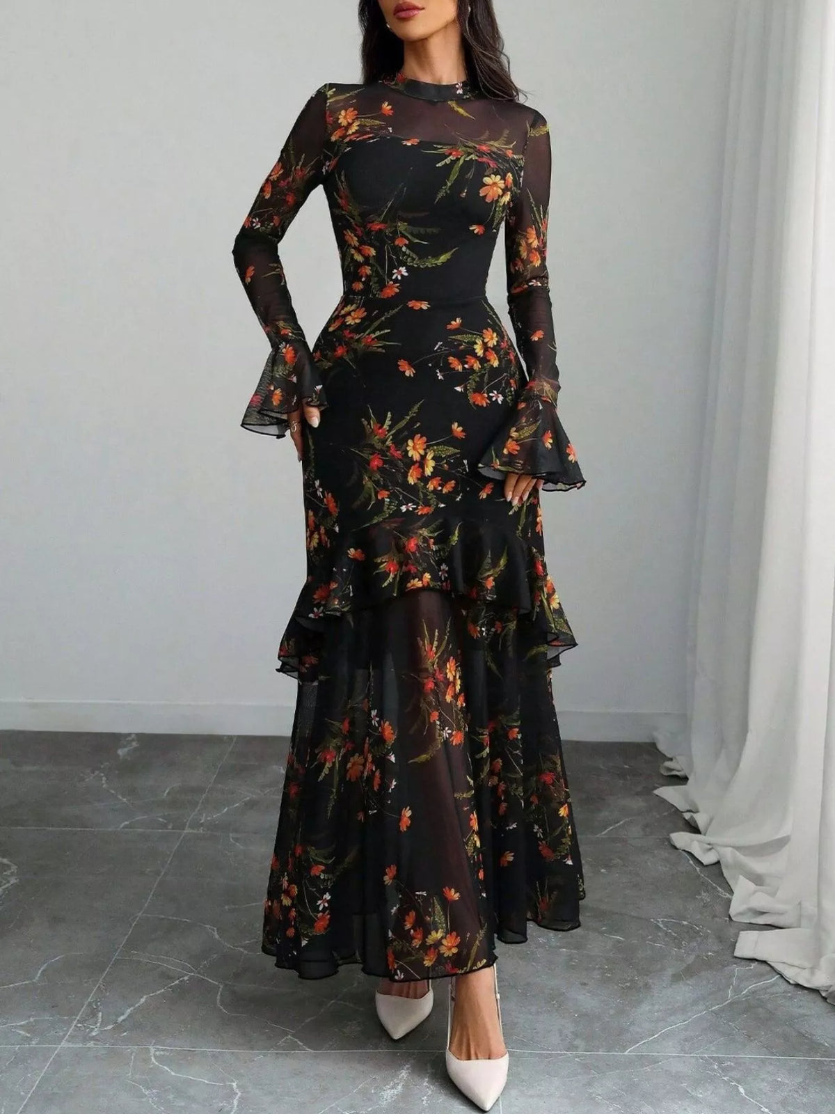 Flounce Sleeve Floral Mermaid Maxi Dress