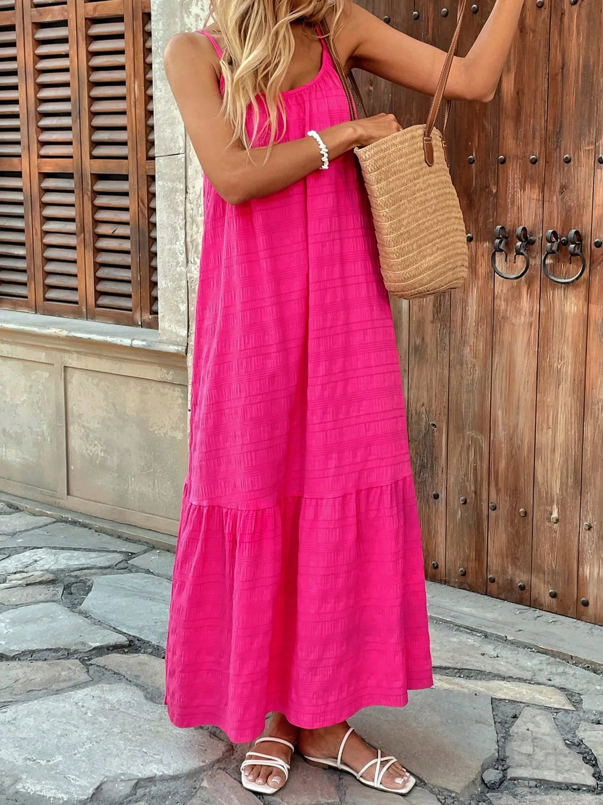 Scoop Neck Tiered Cami Dress in Deep Rose
