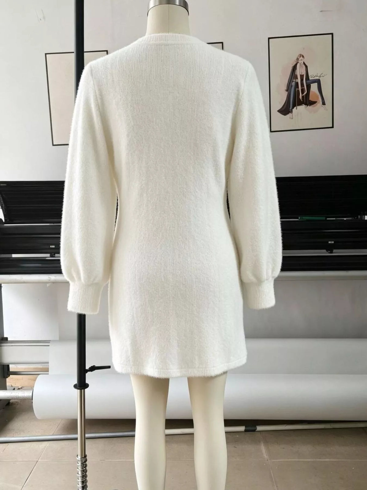 Fuzzy V-Neck Long Sleeve Sweater Dress