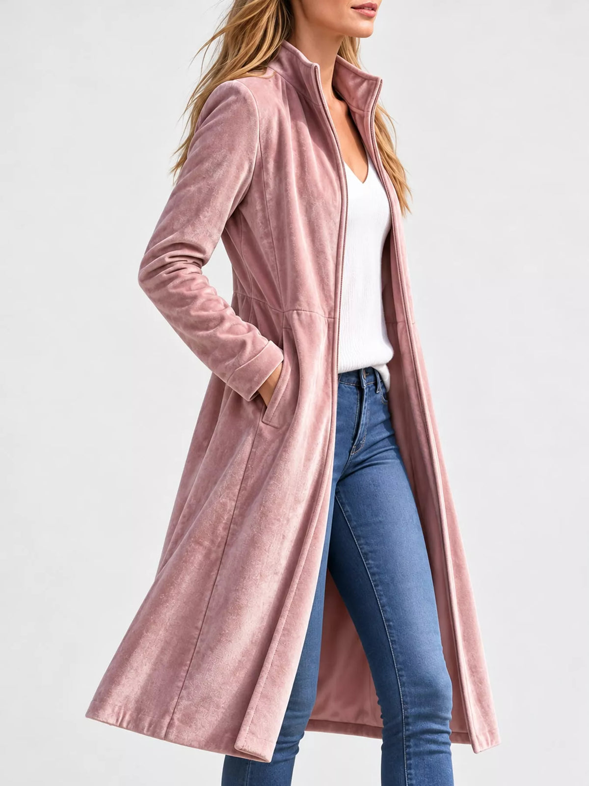 Velvet Zip-Up Longline Jacket