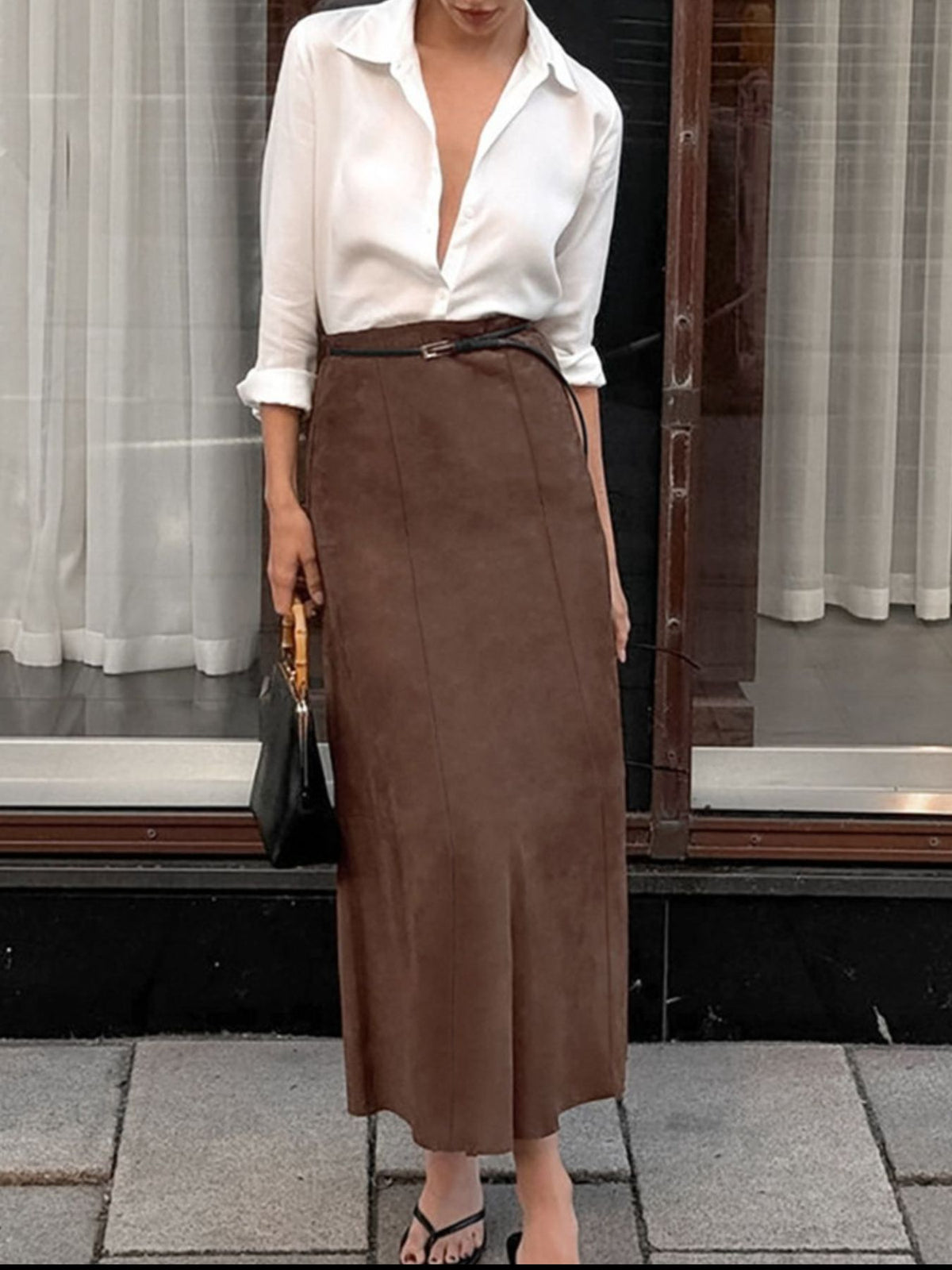 Suede Midi Skirt in Dark Brown