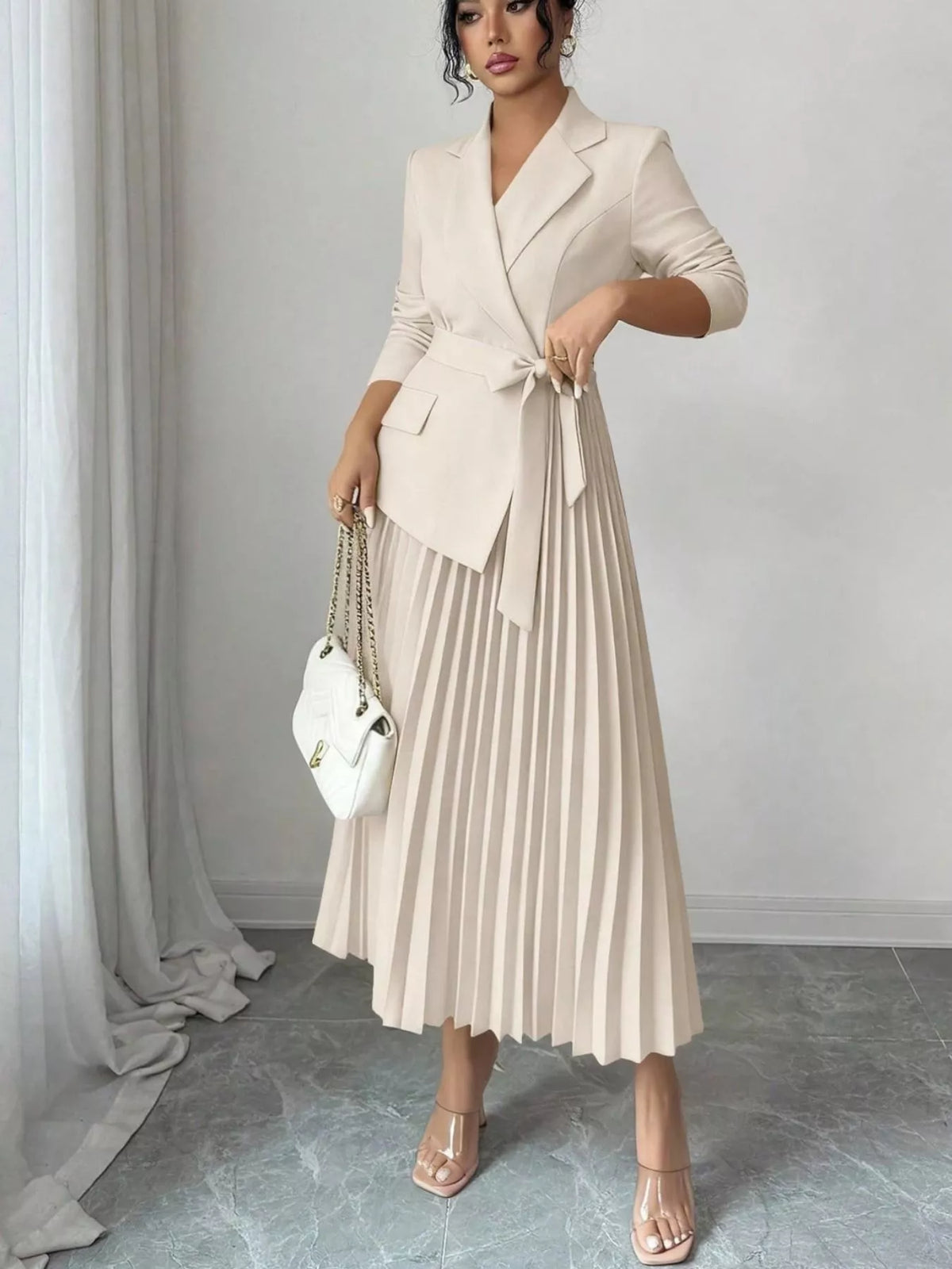 Blazer-Style Pleated Midi Dress