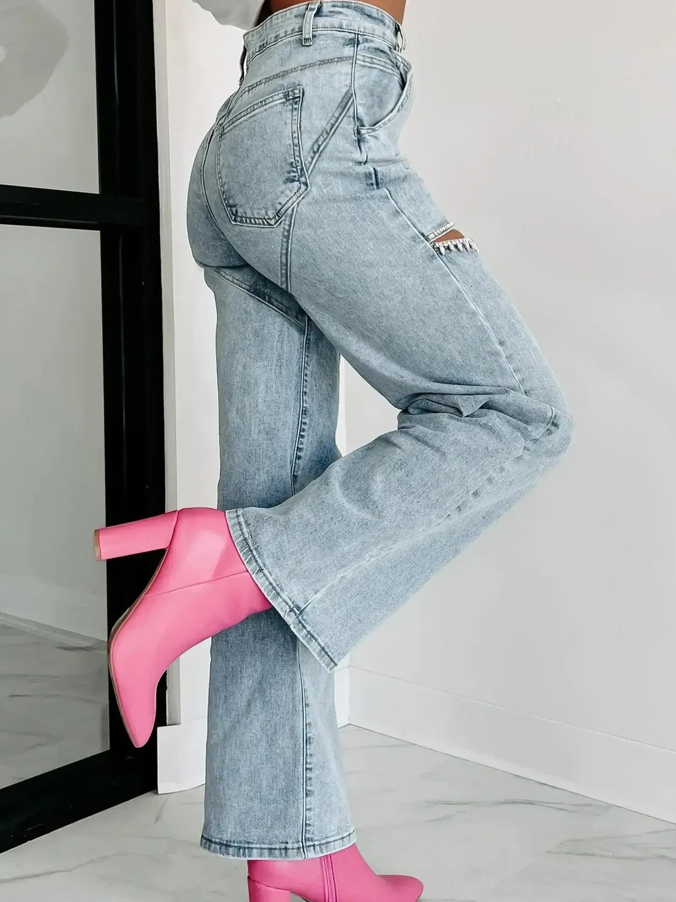 High Waist Cut-Out Wide Leg Jeans in Light Blue