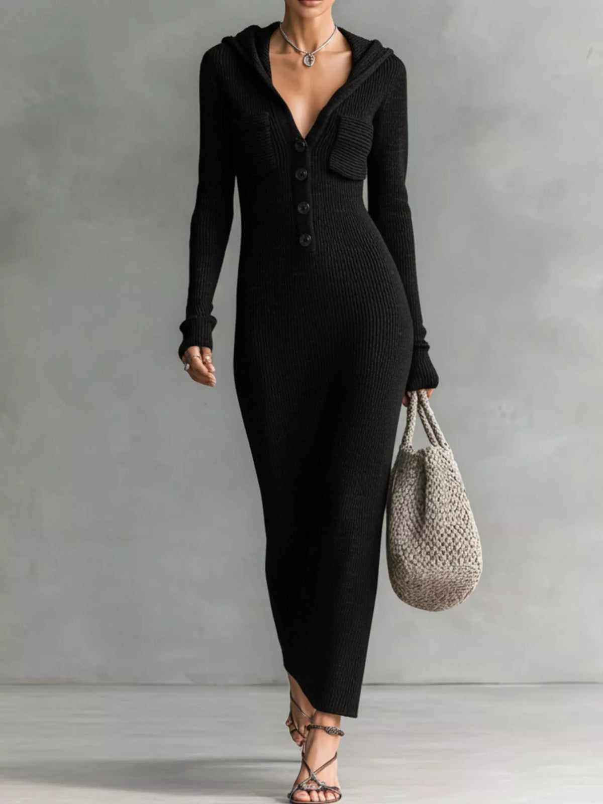 Hooded Knit Maxi Dress with Chest Pockets