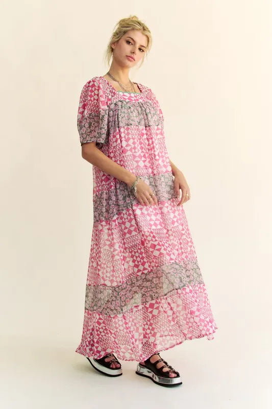 Multi Floral Square Neck Puff Sleeve Maxi Dress in Indian Pink