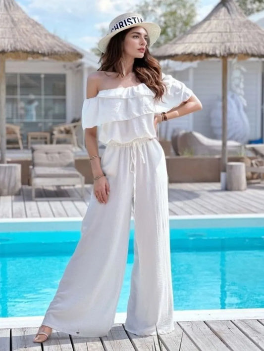 Ruffled Off-Shoulder Wide Leg Jumpsuit