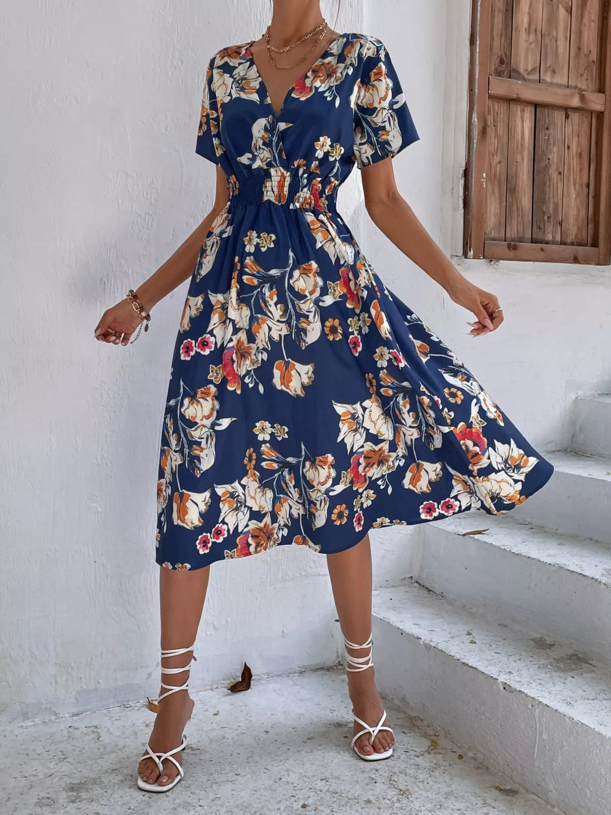 Smocked Printed Short-Sleeve Midi Dress