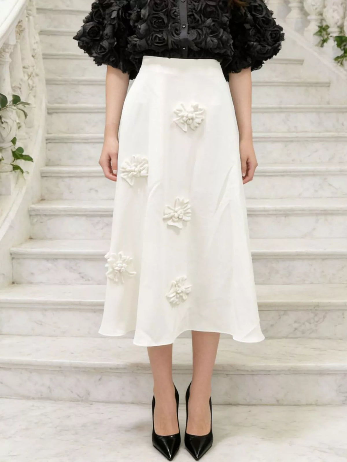 Floral Embellished Midi Skirt in White